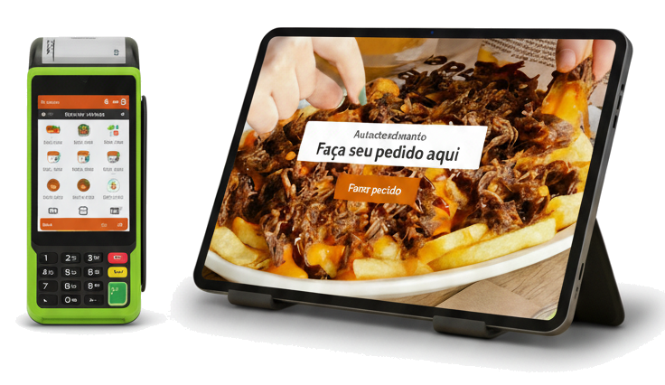Tablet autoatendimento na mesa com máquina de cartão integrada