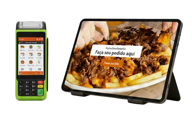 Tablet autoatendimento mesa com máquina cartão restaurante