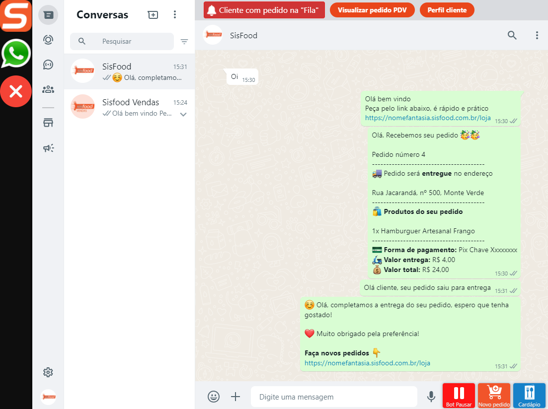 WhatsApp Bot integrado com sistema para pizzaria Sisfood